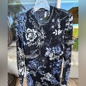 Johnny Was Black and Blue Floral Long Sleeve Mesh Tee